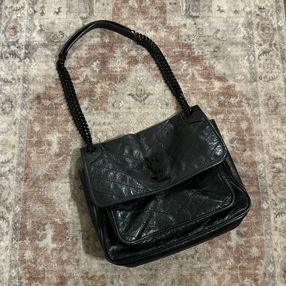 YSL Crinkle Calfskin Matelasse Monogram Niki Medium Chain Satchel
